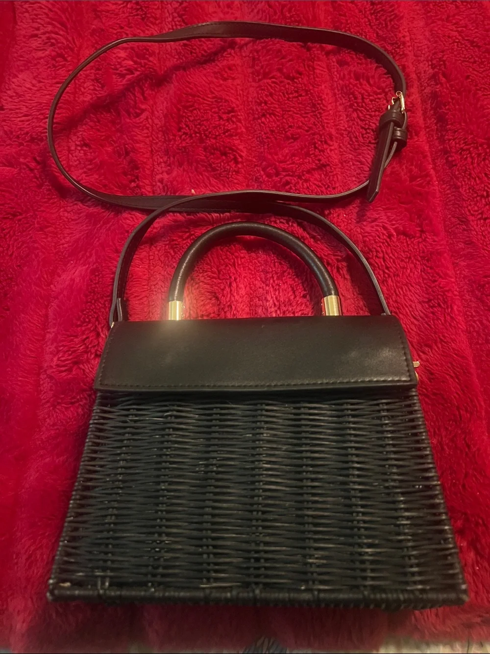 Anthropologie Black Woven Top-Handle Crossbody Bag with Gold Accents